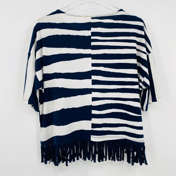Chico's Size 0 Small Navy & White Striped Fringed Boxy Short Sleeve Blouse Top - Picture 9 of 9